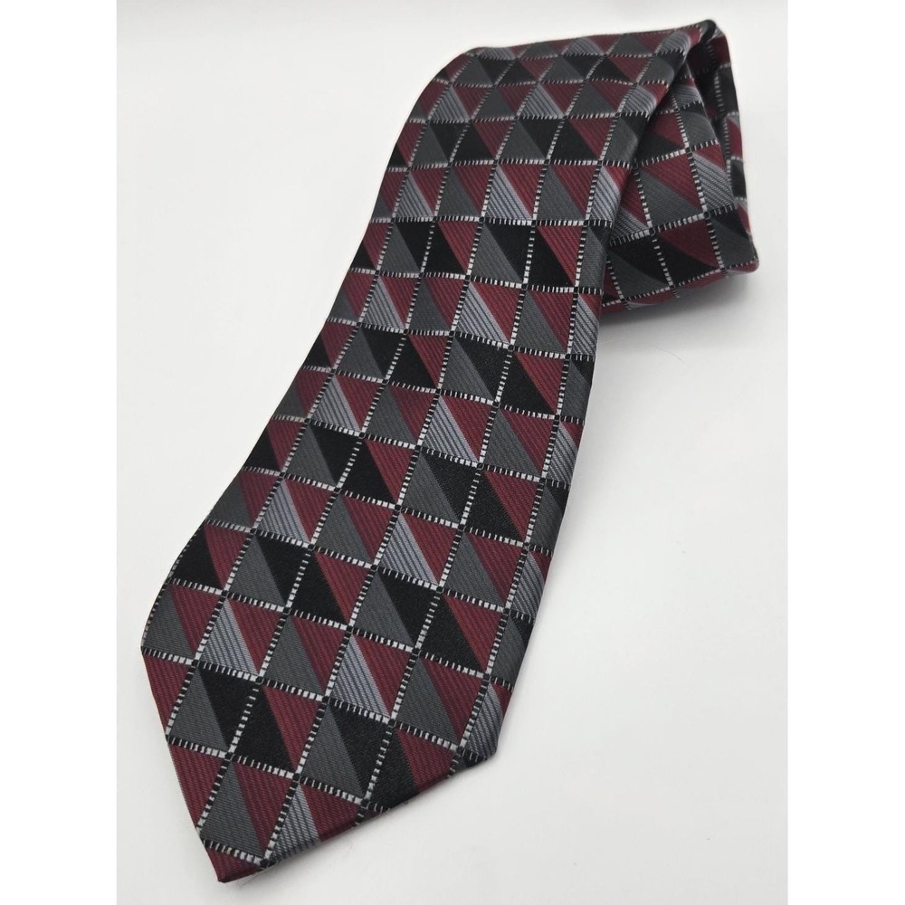 Pronto Uomo Silk Tie X-Long Geometric Triangle Pattern Burgundy Grey Black Woven
